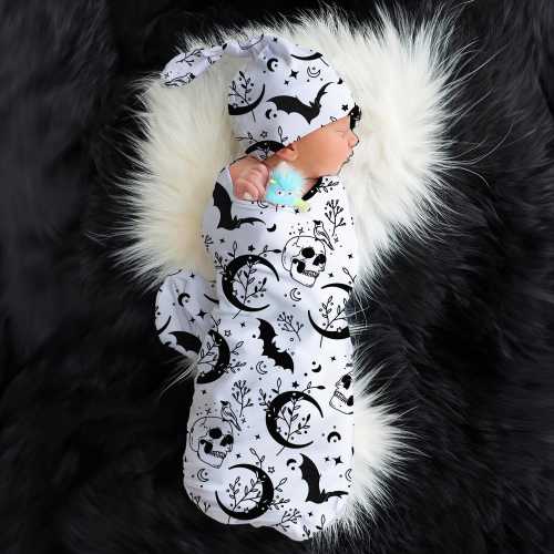 Bats and Skulls Goth Swaddle Blanket, Pastel Goth Baby Swaddle, Witchy Skull and Bat Blanket + Headband or Hat, Heavy Metal Baby