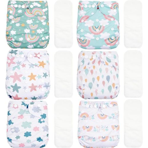 CoolaPeach 12 Set Reusable Adjustable Cloth Diapers for Newborn to 0-3 Years,One Size Washable Pocket Nappy Covers for Baby Girl and Boy,6 Pack Cloth Diapers+6pcs Microfiber Inserts(Green 2)