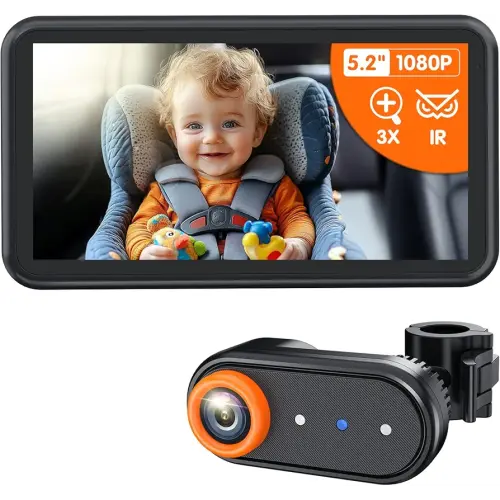 BM2A Baby Car Camera, Night Vision & 5.2" 1080P Display for Rear-Facing Car Seats, Easy No-Damage Install, Patented Anti-Shake Mount – Ideal for Parents and Pet Owners