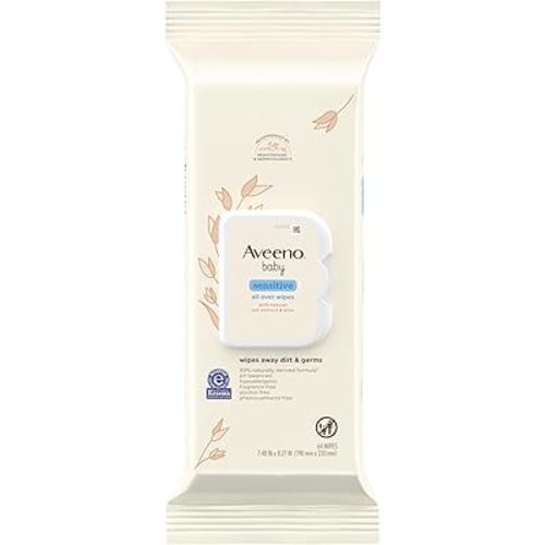 Aveeno Baby Sensitive All Over Wipes with Aloe & Natural Oat Extract for Face, Bottom, Hands & Body, pH-Balanced, Hypoallergenic, Fragrance-, Phenoxyethanol- & Alcohol-Free, 64 ct per pack