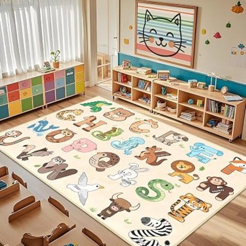 Kids Rugs for Playroom - 5x7 Feet Alphabet Rug for Classroom Educational Learning Animals, Preschool Rug Toddler Children Bedroom Nursery Kindergarten Decor, Beige