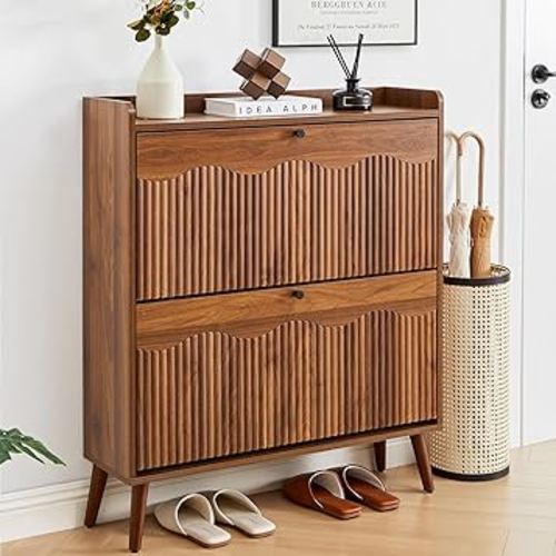 BERRYMERRY 31.5” Fluted Shoe Storage Cabinet with 2 Flip Drawers,Freestanding Narrow Shoe Organizer Cabinet with Wave Profile for Entryway,Hallway,Living Room