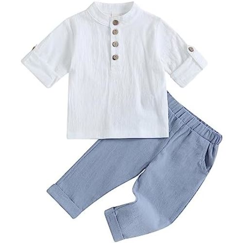 Karuedoo Toddler Baby Boy Clothes Cotton Linen Henley Shirts Button Down Long Sleeve Shirts Casual Pants Set