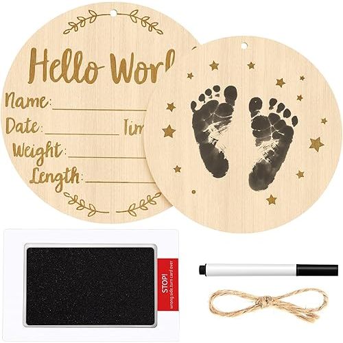 5.9 Inch Baby Birth Announcement Sign, Round Hello World Newborn Signs with Marker Pen and Ink Pad, Wooden Double Sided Welcome Baby to the World Signs for Hospital, Babies Nursery, Photo Props