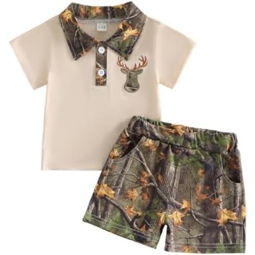 Toddler Baby Boy Summer Outfit Mallard Duck Deer Hunting Button Collared Short Sleeve Shirt Camo Shorts Clothes Set