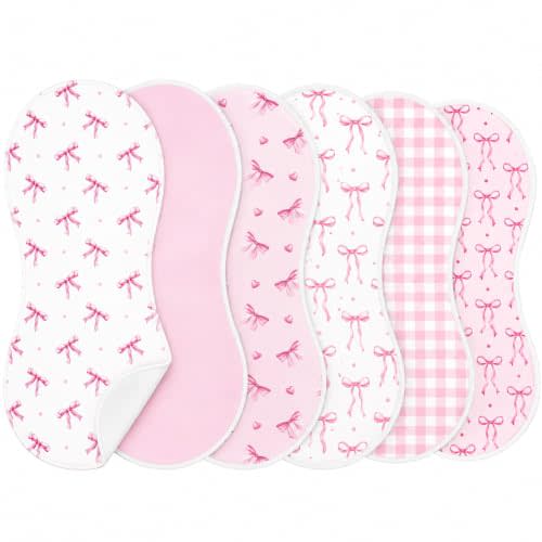 party greeting 6 Pcs Pink Bow Baby Burp Cloths for Newborn, 19 x 9 Inch | Soft Absorbent Burping Rags, Spit up Cloths, 100% Polyester, for Boys Girls, Baby Shower, Registry Gifts, Nursery Decoration