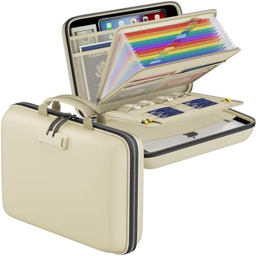 DocSafe Fireproof File Organizer with Lock, Hard-Shell Case Fireproof Document Box with 13 Pocket Accordion File Folder, Portable Home Office Travel Safe Storage for Important Documents Laptop Beige