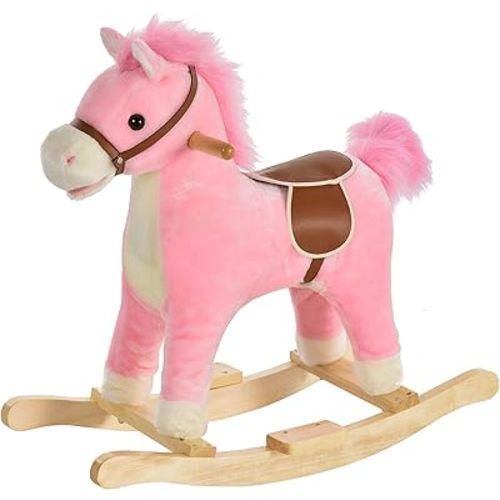 Qaba Rocking Horse Plush Animal on Wooden Rockers, Baby Rocking Chair with Sounds, Moving Mouth, Wagging Tail, Pink