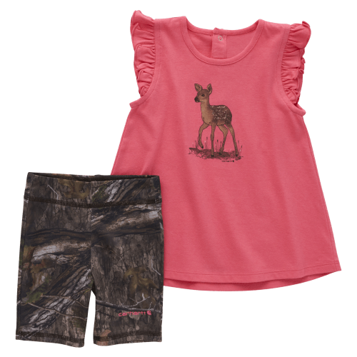Carhartt Deer Short-Sleeve Shirt and Camo Biker Shorts Set for Babies - Mossy Oak Country DNA/Pink - 12 Months