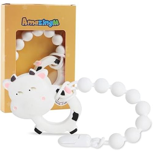 Baby Food Grade Silicone Teether Toy with One Piece Design Pacifier Clip Holder,Teething Pain Relief Toys Gift Set for 3 Months+ Boys and Girls,Freezer Safe,BPA Free. (Cow)