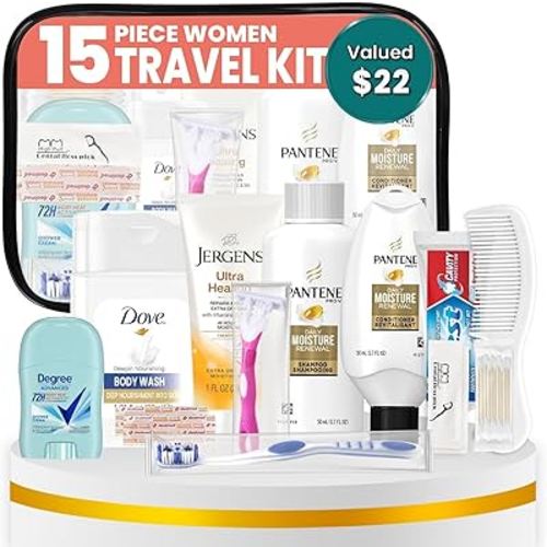 TrekTote Travel Essentials Kit For Women – 15 Piece Toiletry Set – Featuring Top Trusted Brand Toiletries, TSA Compliant, Includes Shampoo And Conditioner, Lotion, Toiletry Bag & More