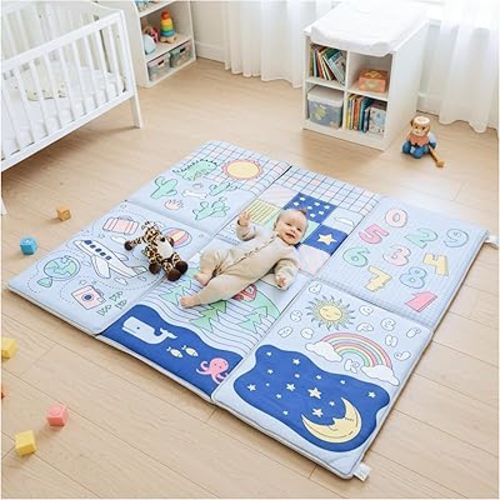 Todale Foldable Baby Play Mat - 50x50 Large Padded Floor Mat for Infants & Toddlers - Non-Slip Educational Activity Mat with Numbers & Animals - Portable Tummy Time Mat for Playpens & Travel