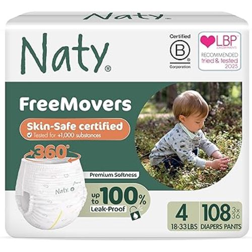 Naty FreeMovers Pull Up Training Pants for Sensitive Skin | Hypoallergenic Potty Training Underwear | Absorbent & Leak-Proof for Toddler | Soft, Unscented | Size 4, 2T–3T (18–33 lbs), 108 Count