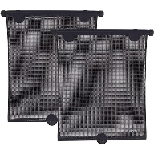 Nuby 14" Roller Vehicle Side Window Sun Protection Shade for Baby | 2 Pack | Pull Down with Suction Cups and Press Button Roll Up | Black