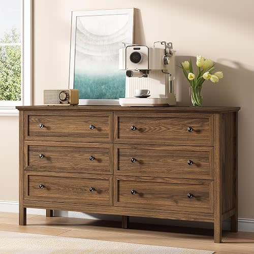 Tradare 55'' Walnut Dresser with 6 Drawers for Bedroom, Wood Dresser Natural Modern Chest of Drawer with Handles Solid Wood Legs, Large Storage Dressers for Livining Room, TV Stand, Entryway