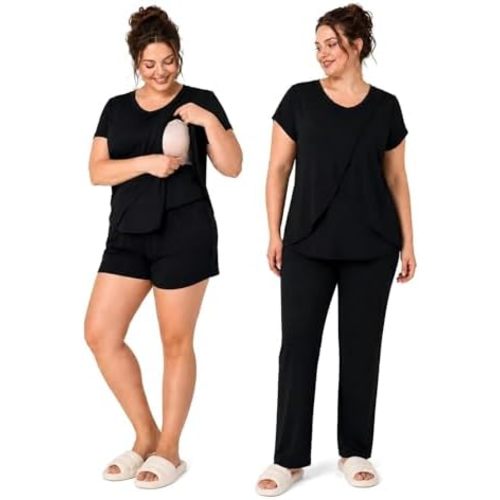Rnxrbb 3 PCS Nursing Pajamas Set Postpartum Pjs Breastfeeding Sleepwear for Women Double Layer with Pockets