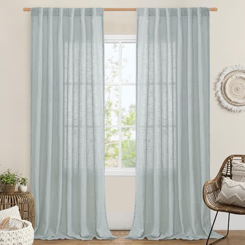 LAMIT Linen Blended Curtains for Bedroom, Faux Linen Textured Light Filtering Drapes Back Tab and Rod Pocket Boho Burlap Panels for Farmhouse/Living Room, 2 Panels, 52 x 84 Inch, Greyish Blue