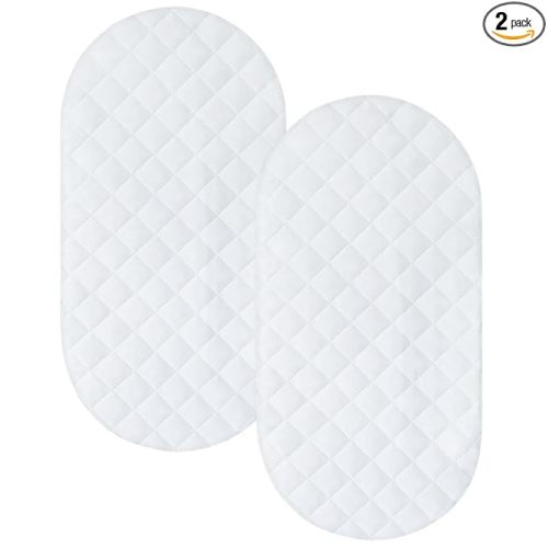 Bassinet Mattress Pad Cover Fit for Hourglass/Oval Bassinet Mattress, Waterproof Bassinet Mattress Protector Quilted Bassinet Sheets (32"x17") 2 Pack for Boys Girls, White