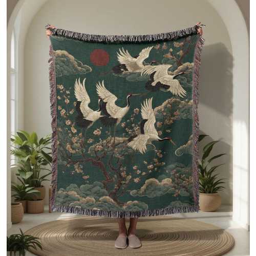 Japanese Crane 100% Cotton Woven Blanket, Oriental Cherry Blossom Art Throw, Serene Nature Home Decor Tapestry, Elegant Aesthetic Blanket