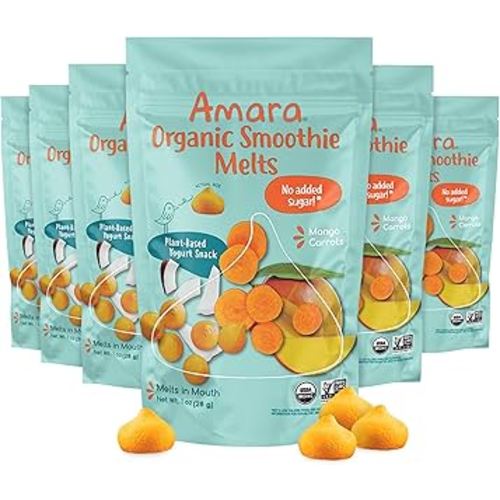 Amara Smoothie Melts - Mango Carrot - Baby Snacks Made With Fruits and Vegetables - Healthy Toddler Snacks For Your Kids Lunch Box - Organic Plant Based Yogurt Melts - 6 Resealable Bags