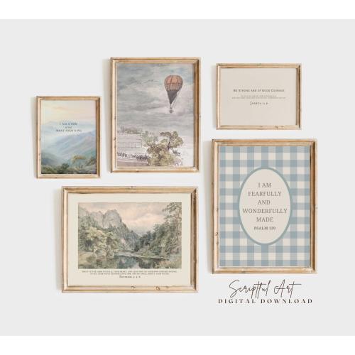 Boys Room Nursery Decor, Blue Christian Vintage Bible Prints: Set of 5, Digital Download