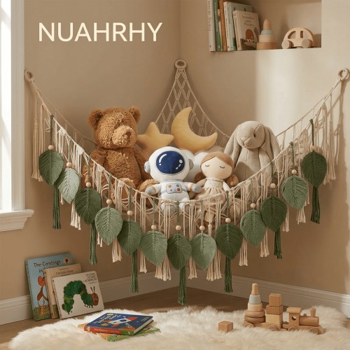 Stuffed Animal Hammock, Corner Toy Storage Net with Leaf Tassels, Large Hand-Woven Hanging Organizer for Plush Toys, Boho Nursery Room Decor