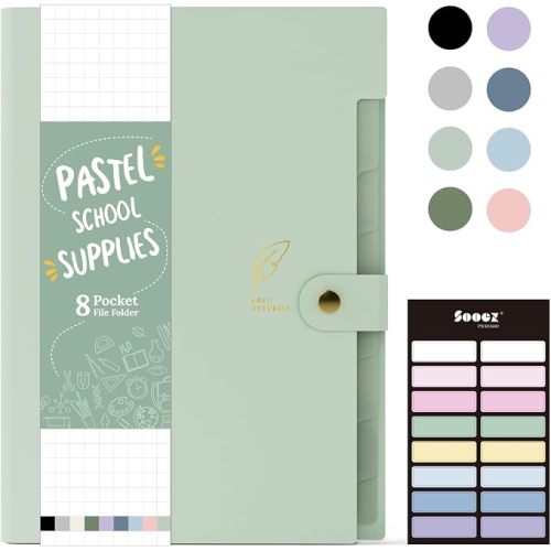 Sooez Aesthetic 8 Pocket Accordion File Organizer, Pastels Expanding File Folder for Important Document with Labels, Portable Receipt Bill Organizer for Office School Supplies, Letter Size Light Green