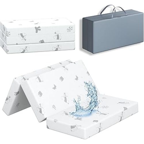 3" Trifold 38"x26" Mini Crib Mattress Topper, Waterproof Breathable Soft Removable Cover, Portable Mini Mattress Pad with Carry Bag for Indoor & Outdoor Use, High Density Medium Firm Foam