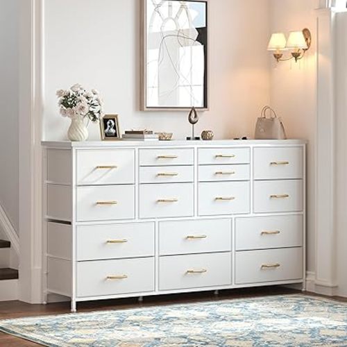 EnHomee 51" Dresser & TV Stand for 60" TV,16 Drawers,Charging Station,White