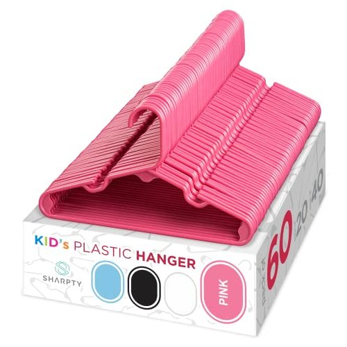 Sharpty Kids Plastic Hangers, Children's Hangers for Baby, Toddler, and Child Clothes - Everyday Standard Use - Ideal for Boys and Girls Closet, Clothing, Pants, Coats, and More - Pink, 60 Pack