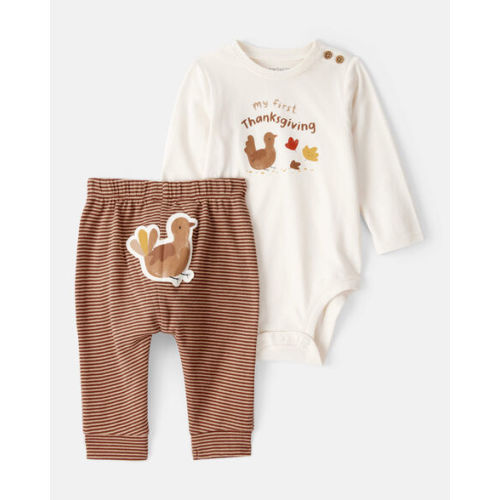 Baby My First Thanksgiving Cotton Long-Sleeve Bodysuit & Pant Set - Cream/Brown - Carter's | Carter's
