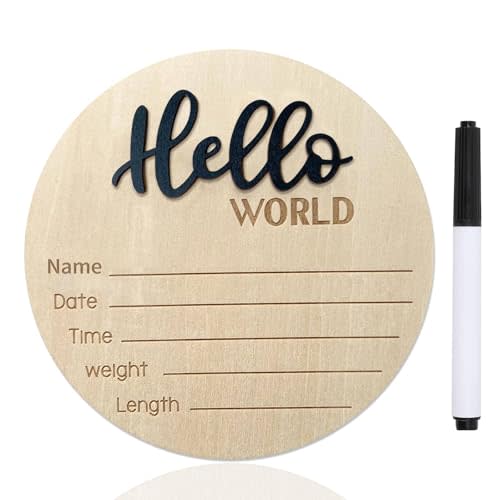Baby Announcement Sign, ​5.9 Inch Wooden Hello World Newborn Signs, Birth Announcement Sign, Baby Shower Hospital Nursery for Newborn Boys and Girls (Black,Pen)