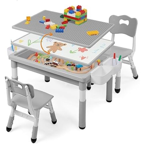 Kids Table and Chairs Set Large Storage, Height Adjustable Toddler Activity Table and 2 Chairs Set, 34.6x24.8" Graffiti/Block Building Desktop, 4 Side Boxes, Kids desk for Home, Preschool, Classroom