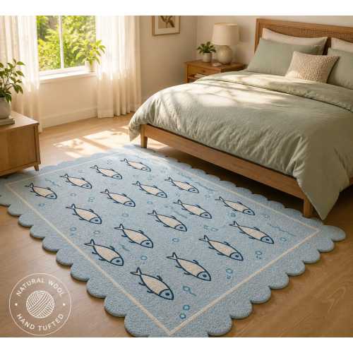 Hand Tufted Wool Fish Rug, Scallop Edge Nursery Carpet, Coastal Kids Room Area Rug