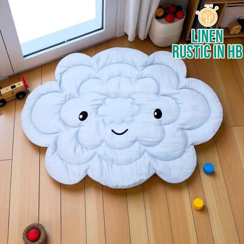 Cloud Shape Linen Baby Play Mat, Quilted Play Rug, Round Play Mat, Baby Floor Mat, Organic Play Mat, Natural Linen Floor Mat, Nursery Rug