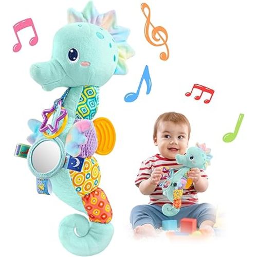 LIGHTDESIRE Baby Toys Musical Seahorse Stuffed Animals Infant Toys 0-6-12 Months with Mirror|Rattles|Crinkle|Baby Teething Toys,Sensory Toys for Tummy Time Newborn Boys Girls Birthday Gifts(Ice Blue)