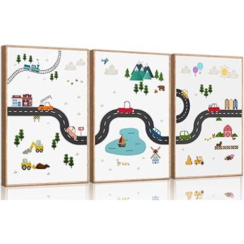3Pcs Car Nursery Canvas Wall Art Boy Cartoon Truck Urban Transport Painting Picture Wall Decor Poster Print Artwork for Kids Room Baby Room Boys Bedroom Home Decoration Unframed