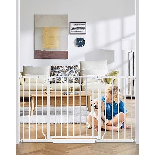 29"-51" Baby Gate for Stairs, Auto Close Stroller Friendly Dog Gate Indoor for Doorways, Pressure Mounted Baby Gate, Easy Walk Through Gate for Children & Pets, White