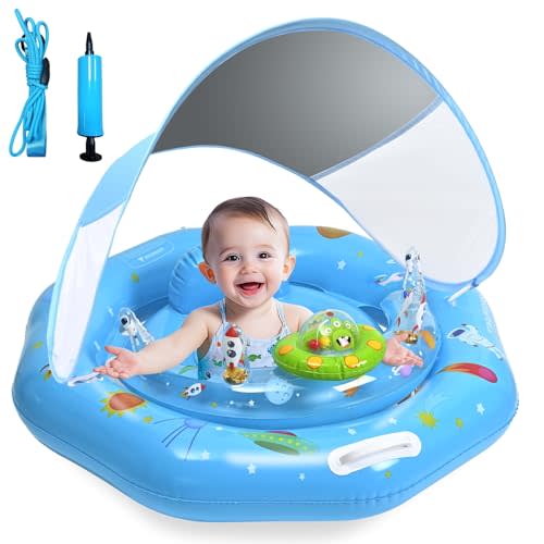 Baby Pool Float with Canopy & Toy Console,Adjustable Safe Seat,Removable UPF50+ Sunshade,Infant Pool Float for 6-36 Months,Baby Floaties 6-12 Months with Safety Handle & Rope for Pool,Sea