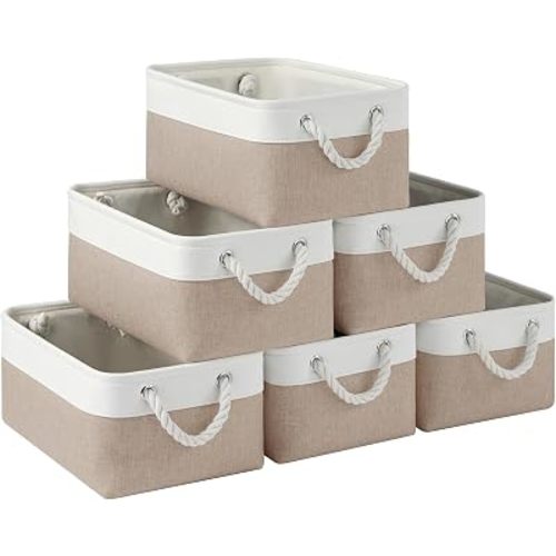 Storage Baskets for Shelves 13.8x9.8x6.7 Inch, Foldable Fabric Storage Bins with Handles, Small Storage Baskets for Organizing Closet, Office, Home Organization (6-Pack, White&Khaki)