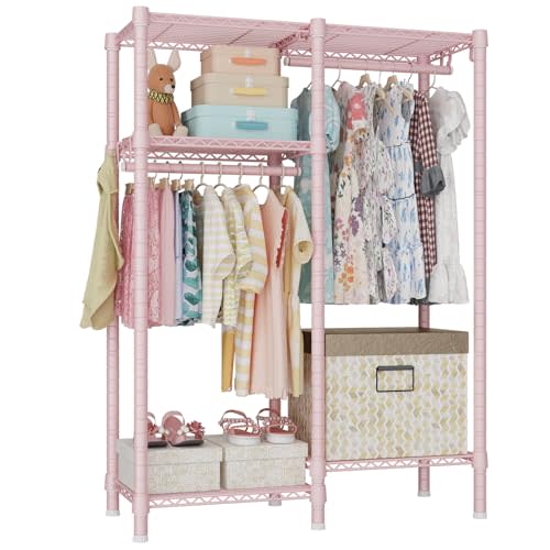 Ulif F1 Clothes Rack for Kids, Baby, Students, and Children's Room, 4 Tiers Portable Metal Closet Clothing Rack, Small Garment Rack with 2 Hanging Rod, 31.2" W x 11.8" D x 48" H, Pink | Clothing Rack for Baby and Children's Room, Small Freestanding Clo...