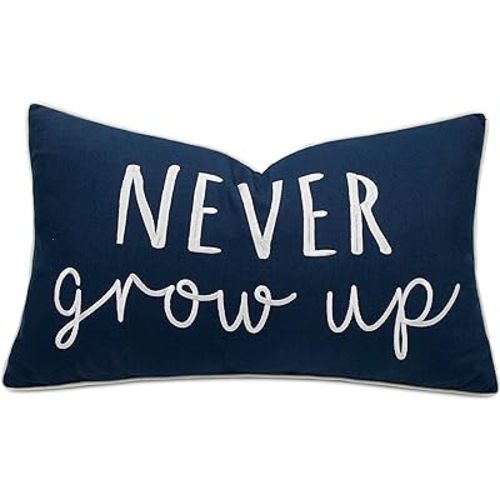 Rudransha Never Grow Up Embroidered Lumbar Throw Pillow Cover - Nursery Decor, Boys Room - 12x20 Inches, Navy Blue