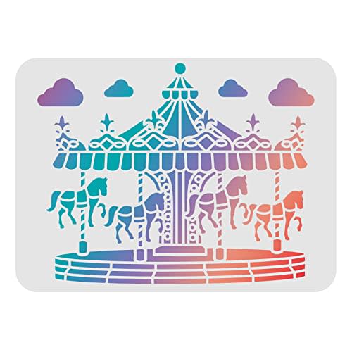 FINGERINSPIRE Carousel Horse Stencils 11.7x8.3 inch Plastic Carousel Stencil Drawing Painting Stencils Castle Clouds Pattern Reusable Cloud Stencils for Painting on Wood, Floor, Wall and Tile