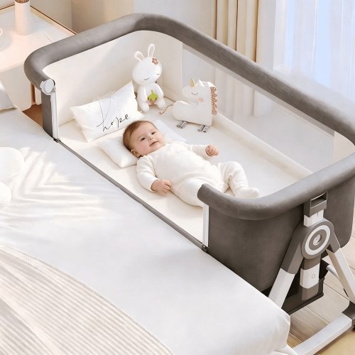 3-in-1 Baby Bassinet Bedside Sleeper with Wheels, Mosquito Net, Mattress and Storage Basket,Gray