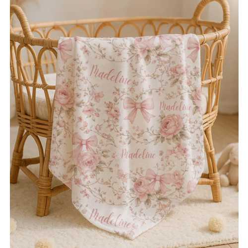 Pink Coquette Bow Floral Toile Baby Blanket Personalized Newborn Name Wrap Baby Girl Rose Wildflower Nursery Heirloom Baby Shower Gift