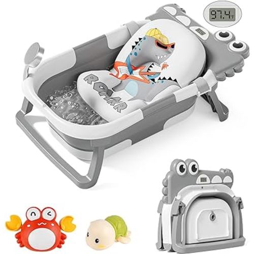TPN Collapsible Baby Bathtub for Infants to Toddler with Real-time Temp Monitor+Floating Cushion,Foldable Baby Bath Tub Set Applicable 0-36 Month,Perfect Portable Travel Baby Tub for Newborns Boy