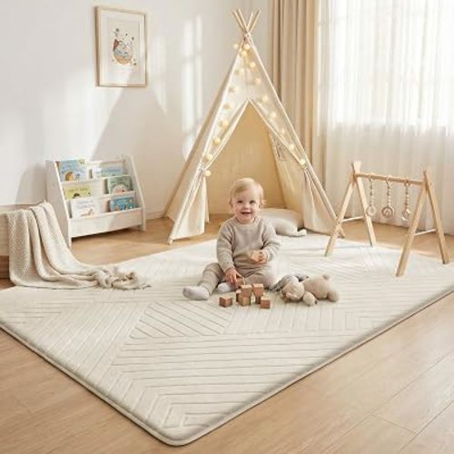 Baby Play Mat for Floor 1.3" Thick Soft Floor Play Mats for Toddler Infant Kids Crawling, 79"x 118" Nursery Mat Bedroom Living Room Waterproof Easy Care Non-Slip (Ivory)