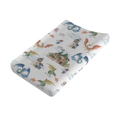 Fairytale Dragons Castle Changing Pad Cover Watercolor Dragon Princess Knight Moon Clouds Baby Nursery Diaper Change Pad Sheets for Boy Girl Soft Stretchy Fitted Changing Table Sheets Mats 32''x16''