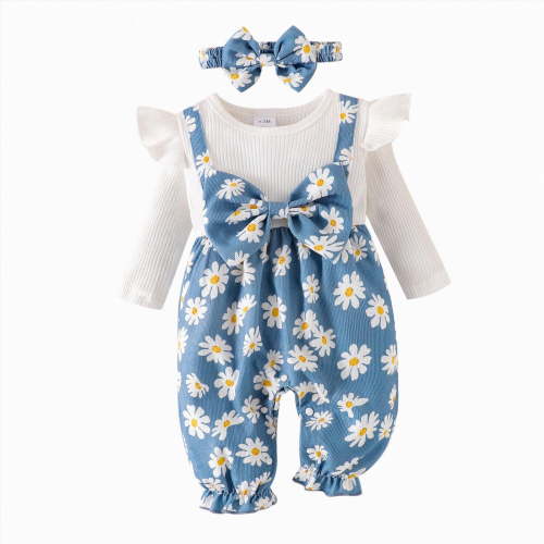 CAICJ98 Baby Girl Clothes Fall Winter Long Sleeve Bubble Romper Floral Bow One Piece Jumpsuit Cute Outfits (Blue,3-6 Months)