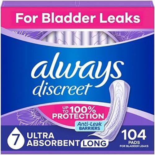 Always Discreet Adult Incontinence Pads for Women, Drier, 7 Drop Long Length, Ultra Absorbency, Pads for Bladder Control Management, Bladder Leaks, Overnight & Postpartum Pads, 104ct